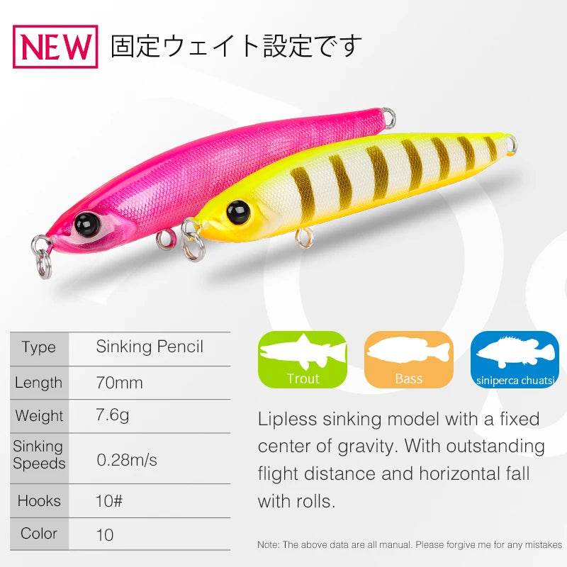 TSURINOYA 70S Sinking Slim Pencil Lure - Fish & Cheaps | Fishing & Outdoor Gear