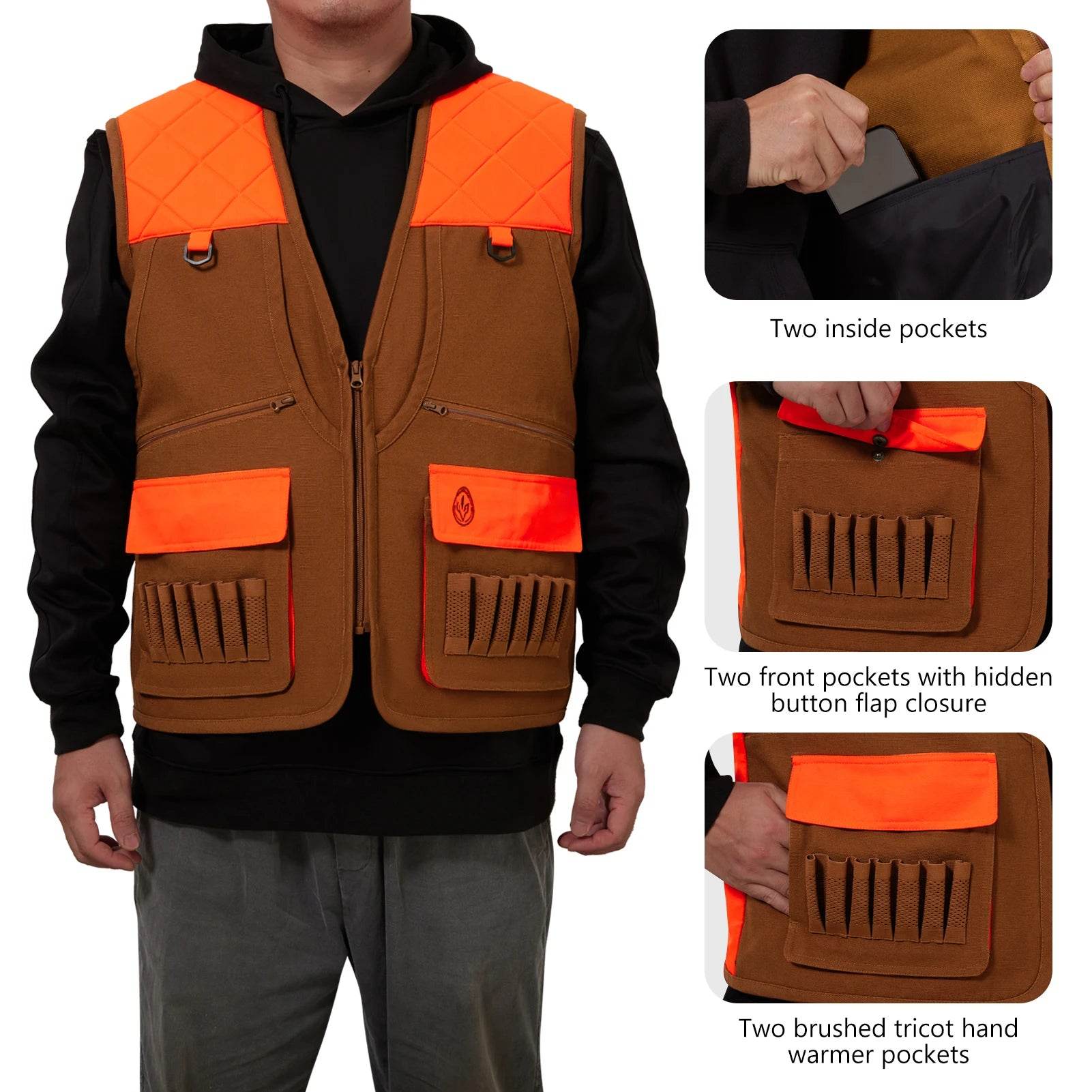 BASSDASH Blaze Orange & Brown Upland Hunting Vest - Fish & Cheaps | Fishing & Outdoor Gear