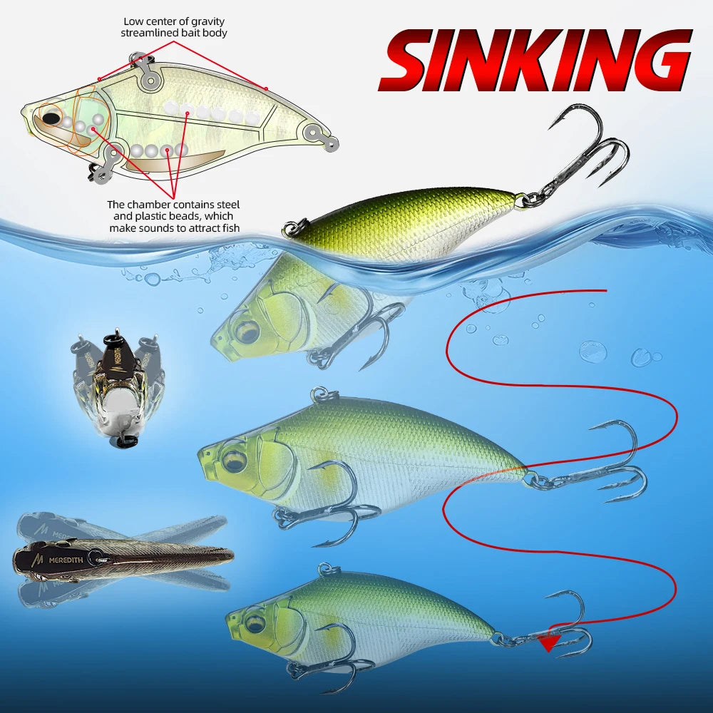 MEREDITH 75mm 19g Vibration Fishing Lure Lipless Crankbaits Sinking Hard Lure Artificial VIB Bait Bass Fishing Lures